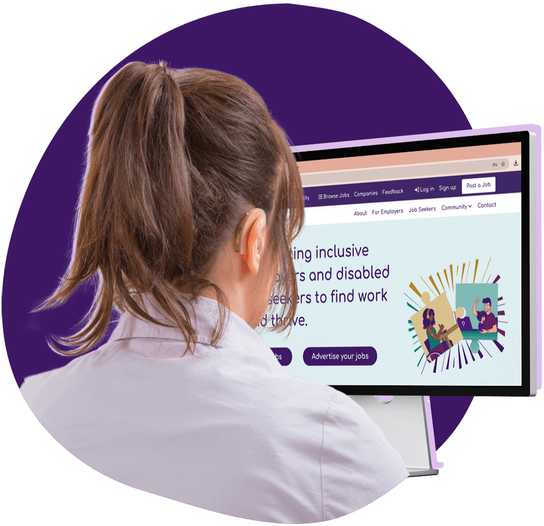 Back view of a job seeker using Patchwork Hub's job platform to browse jobs.